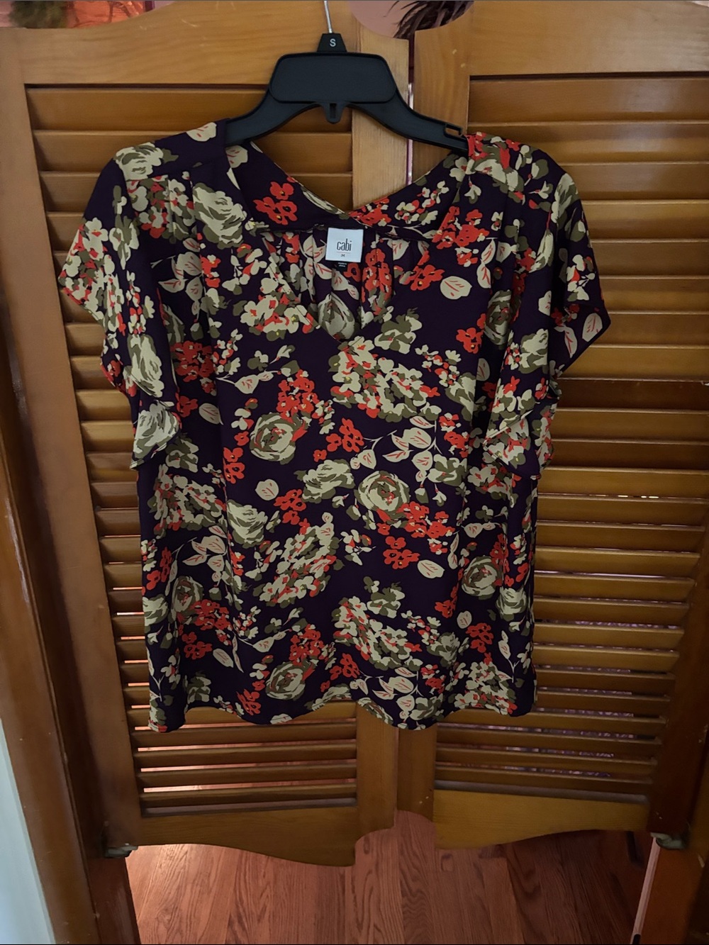 CAbi Floral Short-Sleeve Blouse in Deep Purple with Green and Red Accents